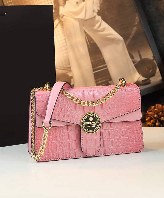 Women's Pink Leather Satchel Chain Strap Zippered Closure - OutfitLondon