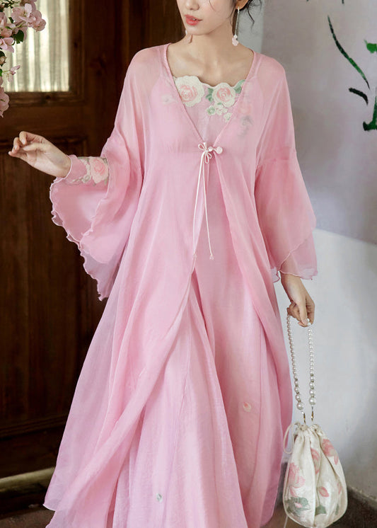 Women's Pink Silk Two Piece Set Rose Embroidery - OutfitLondon