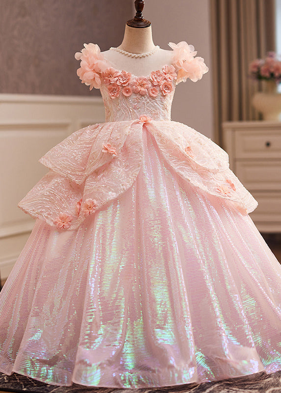 Girls Pink Floral Maxi Dress Tulle Pearl Embellishments - OutfitLondon
