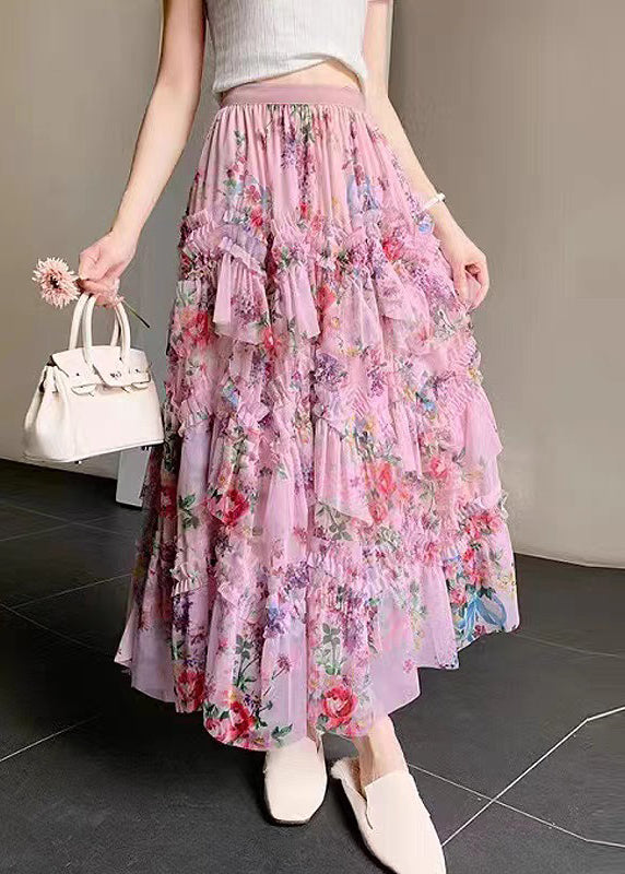 Women's Asymmetric Flowy Skirt Elastic Waist Pink Tulle - OutfitLondon
