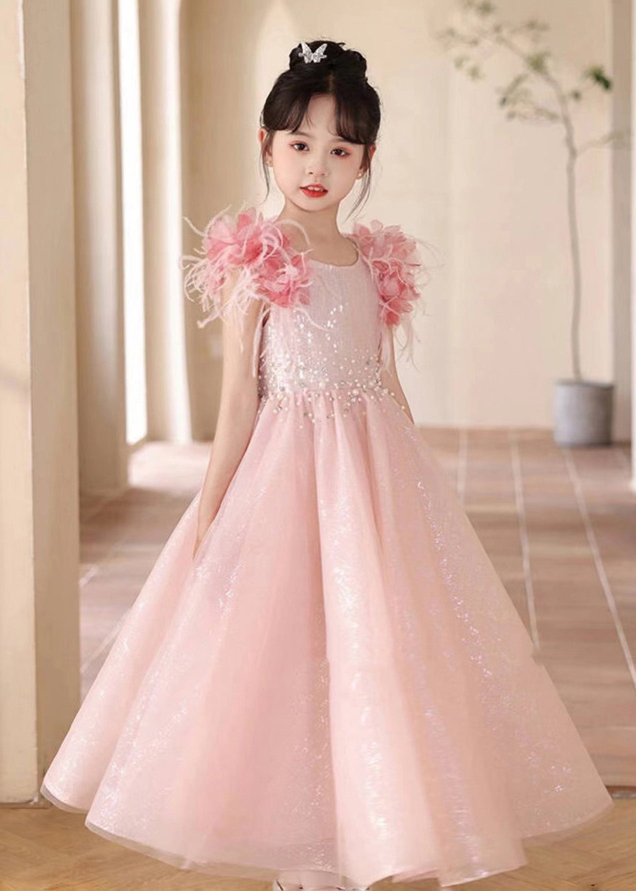Girls Pink Sequin Tulle Maxi Dress - OutfitLondon