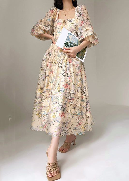 Women's Silk Floral Midi Dress Square Neckline Lantern Sleeves - OutfitLondon
