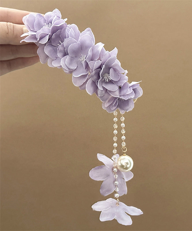 Purple Pom Pom Hairpin Floral Pearl Embellished Alloy Daily Wear - OutfitLondon