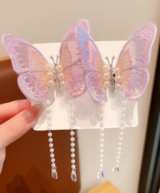 Girls Purple Hair Clip Pearl Butterfly Accent - OutfitLondon