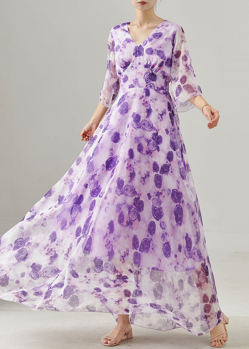 Women's Silk Floral Maxi Dress Purple - OutfitLondon