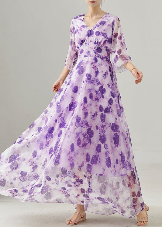 Women's Silk Floral Maxi Dress Purple - OutfitLondon