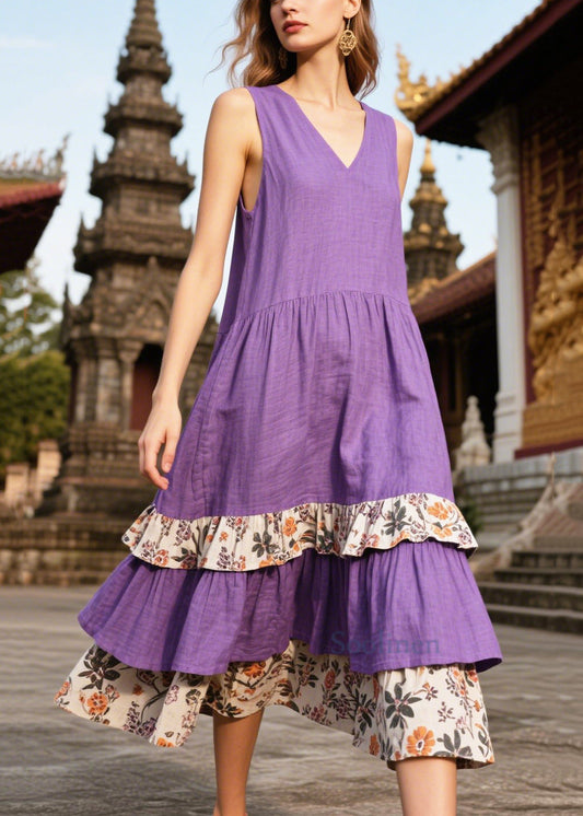 Women's Linen Sundress Oversized Purple Patchwork - OutfitLondon