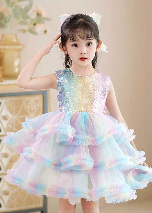 Girls Rainbow Tulle Maxi Dress Sparkling Bodice - OutfitLondon