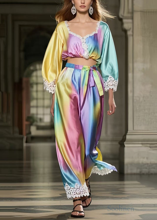 Women's Silk Tie Dye Two Piece Set Rainbow - OutfitLondon