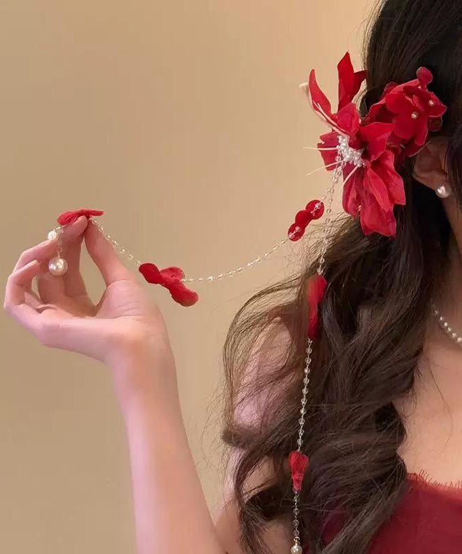 Women's Floral Acrylic Hair Clip Red Beads Pom Pom - OutfitLondon
