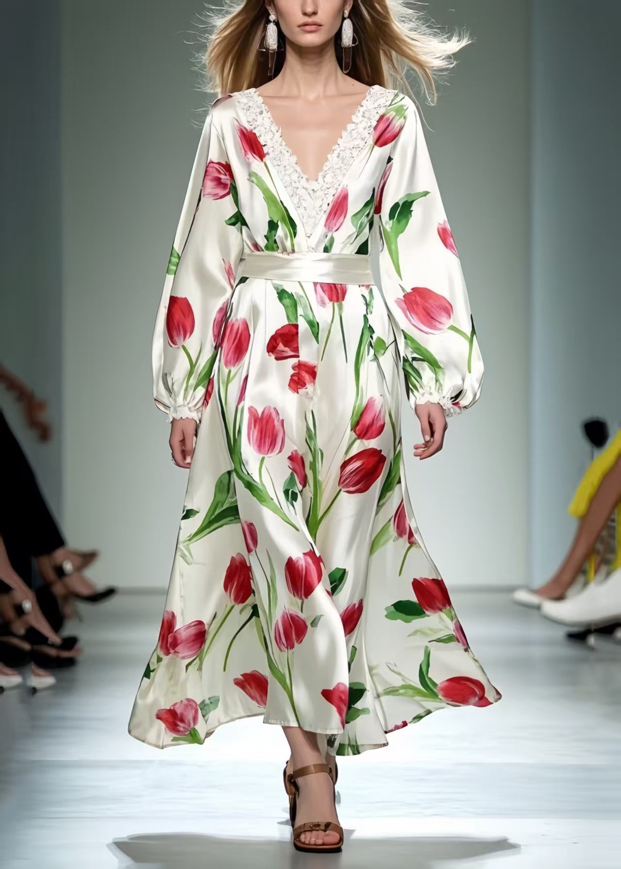 Women's Red Floral Silk Blend Dress Flowing Extra Large - OutfitLondon