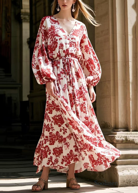 Women's Red Silk Chiffon Dress With Tie Waist - OutfitLondon