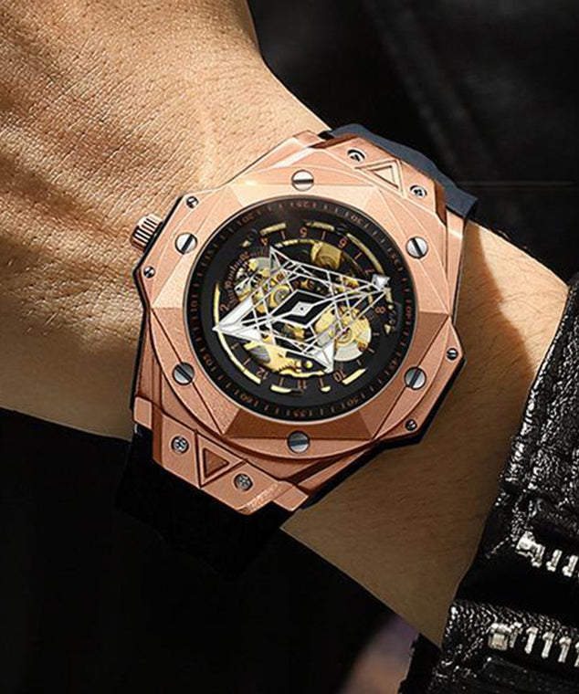 Rose Gold Automatic Skeleton Watch Leather Strap - OutfitLondon