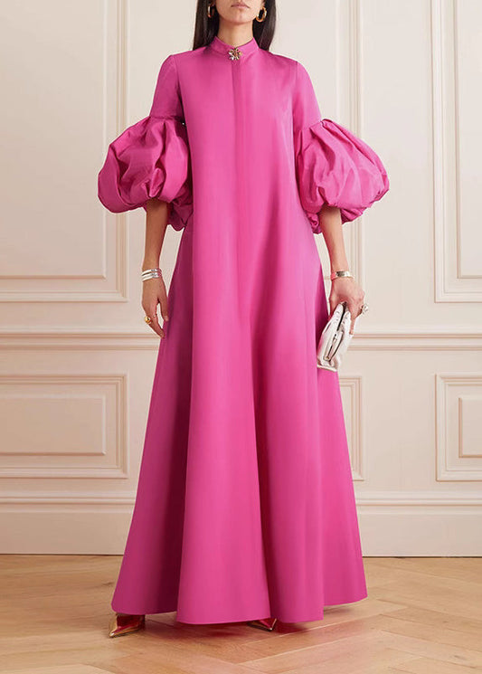 Women's Pink Maxi Dress Stand Collar Petal Sleeves - OutfitLondon