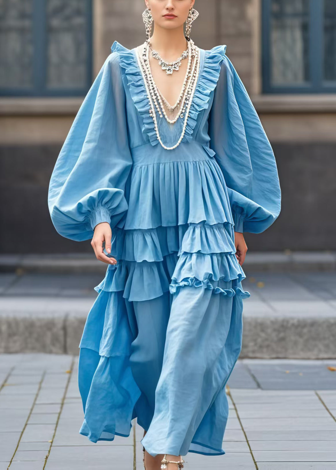 Women's Navy V-Neck Maxi Dress Ruffle Lantern Sleeves - OutfitLondon