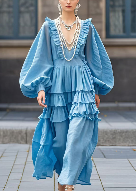Women's Navy V-Neck Maxi Dress Ruffle Lantern Sleeves - OutfitLondon