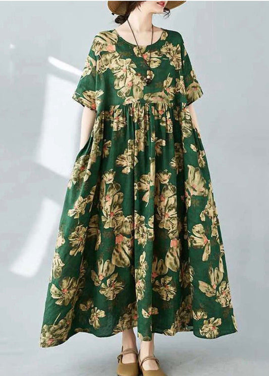 Women's Cotton Maxi Dress Green Tea Print - OutfitLondon