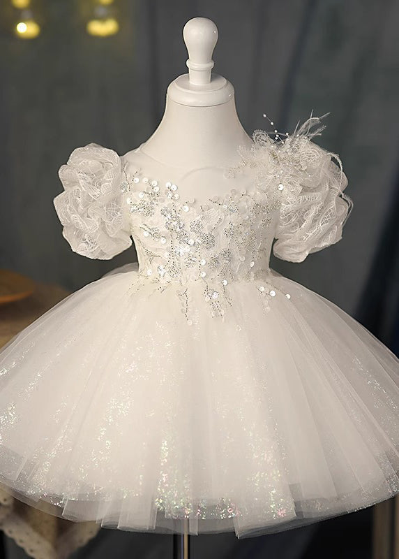 Girls White Tulle Maxi Dress With Sequins - OutfitLondon