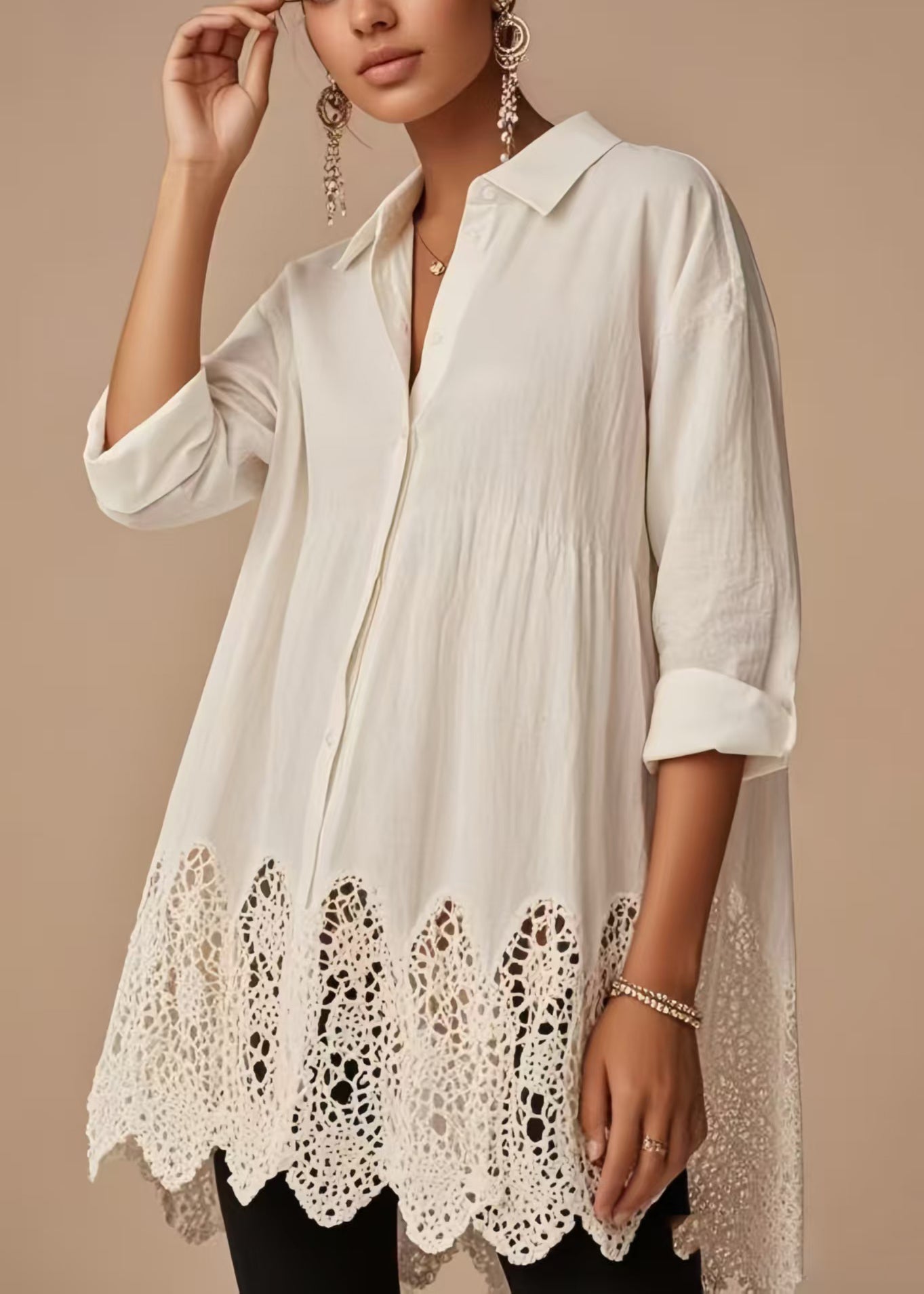 Women's White Cotton Long Tunic Eyelet Design Lightweight - OutfitLondon