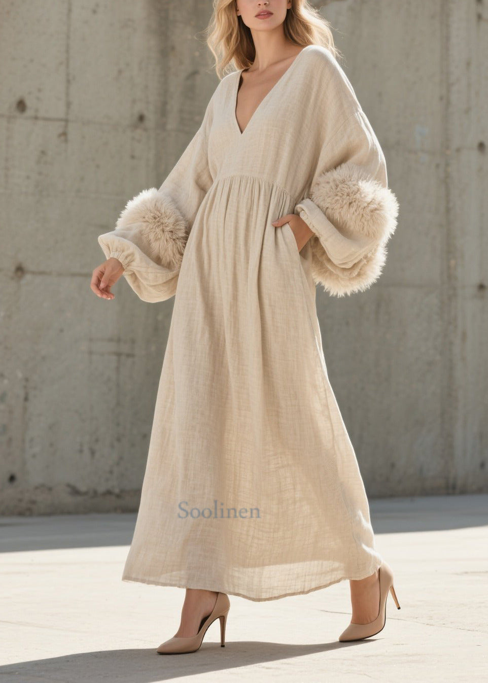 Women's White Faux Fur Maxi Dress V Neck Lantern Sleeves - OutfitLondon