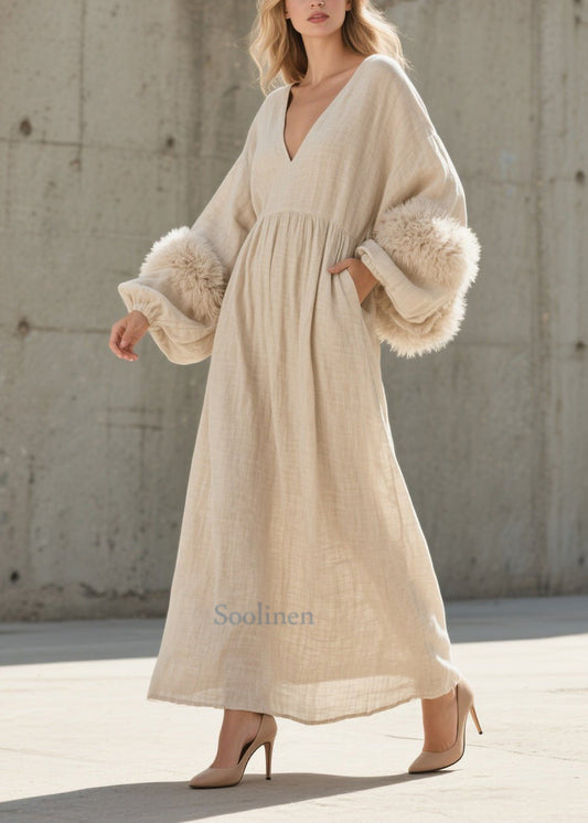 Women's White Faux Fur Maxi Dress V Neck Lantern Sleeves - OutfitLondon