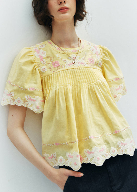 Women's Embroidered Cotton Blouse Puff Sleeves Yellow - OutfitLondon