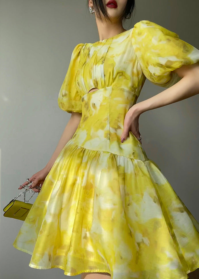 Women's Yellow Tie Dye High Neck Summer Dress Cotton Blend Lightweight - OutfitLondon