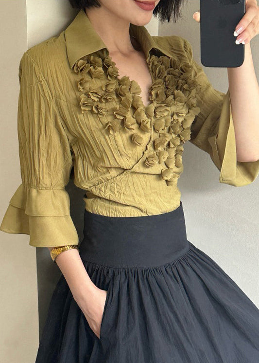 Women's Cotton Blouse Yellow Peter Pan Collar Loose Fit - OutfitLondon