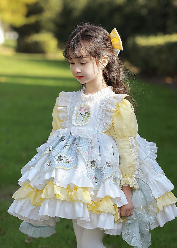 Girls Yellow Patchwork Ruffle Mid Length Spring Dress - OutfitLondon
