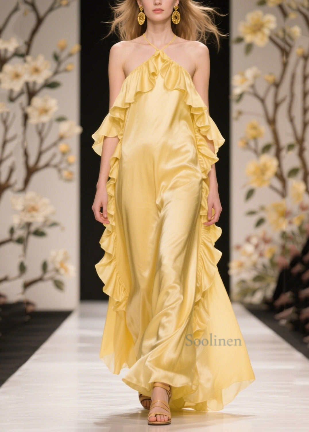 Women's Yellow Silk Ruffle Cold Shoulder Dress - OutfitLondon