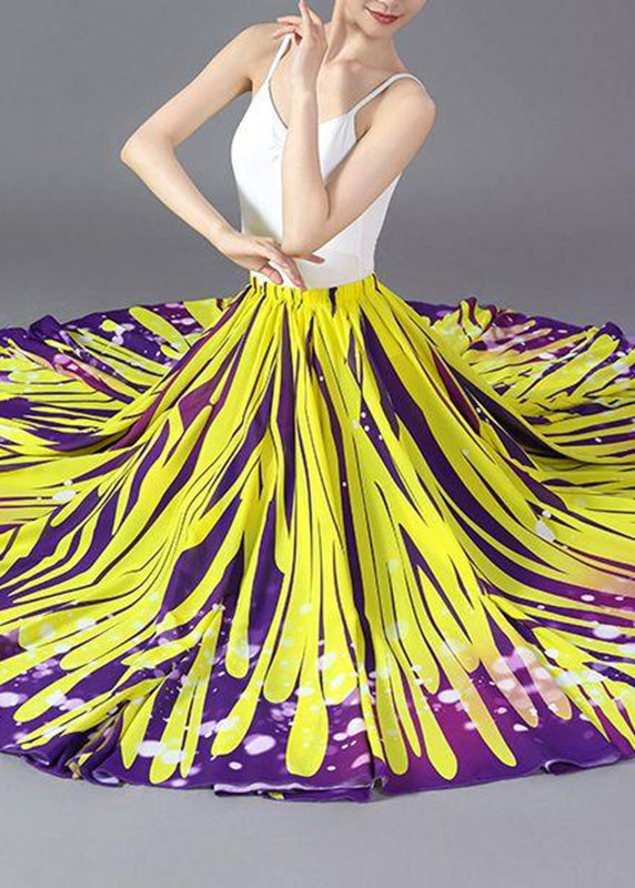 Women's Silk Trapeze Skirt Elastic Waist Yellow Striped - OutfitLondon