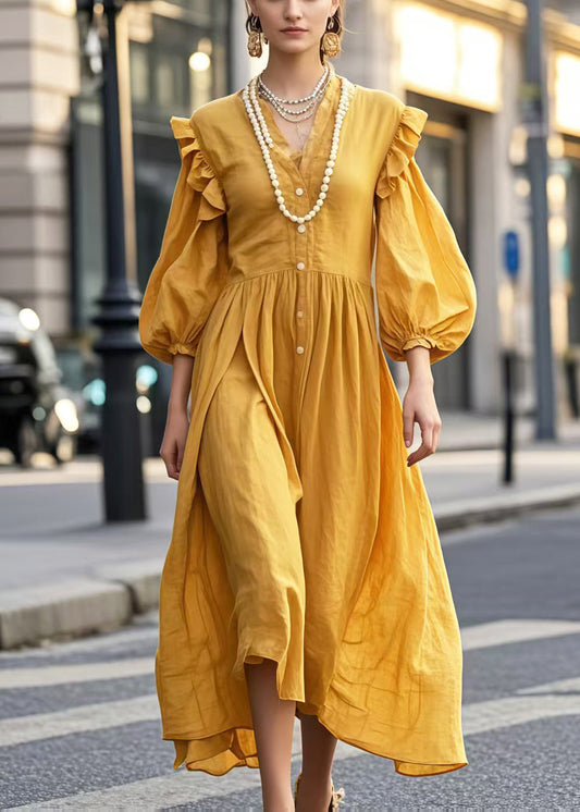 Women's Yellow Cotton Summer Dress V Neck Lantern Sleeves - OutfitLondon