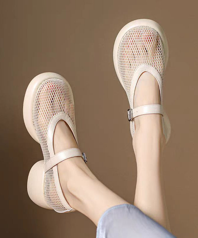 Women's Cowhide Leather Sandals Beige Breathable Mesh - OutfitLondon