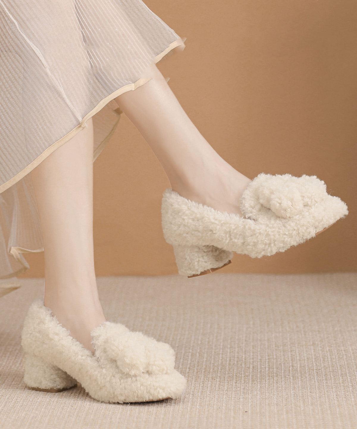 Women's Faux Fur High Heels Beige Plush Wool Lined - OutfitLondon