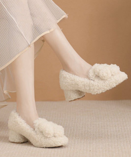 Women's Faux Fur High Heels Beige Plush Wool Lined - OutfitLondon