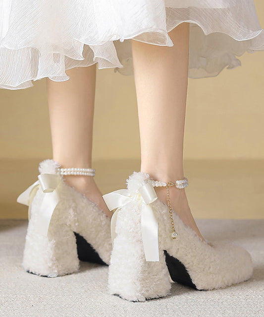 Women's Beige Faux Fur High Heel Pumps Thick Heel - OutfitLondon