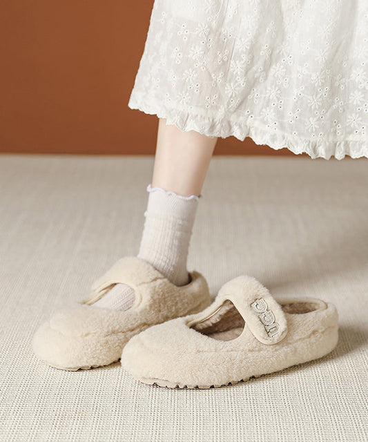 Women's Beige Faux Fur Flat Shoes Warm Wool Lining - OutfitLondon