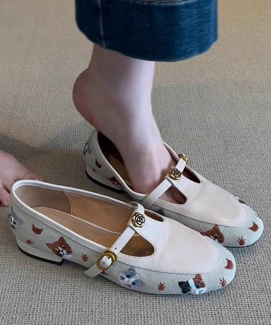 Women's Faux Leather Flats Beige Perforated Comfort - OutfitLondon