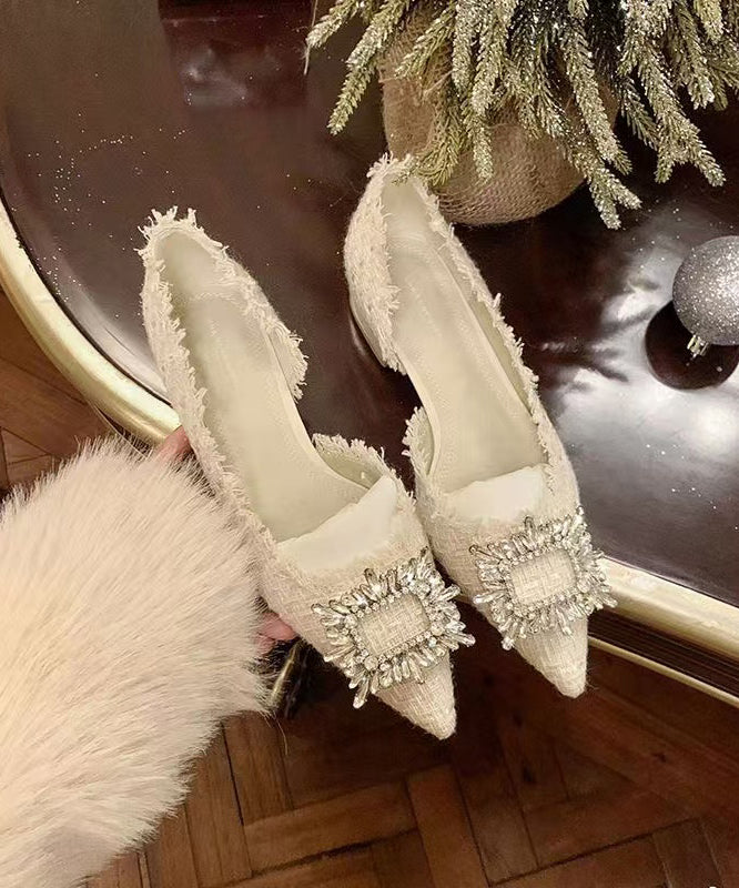 Women's Beige Pointed Toe Flats Zircon Detail Comfortable - OutfitLondon