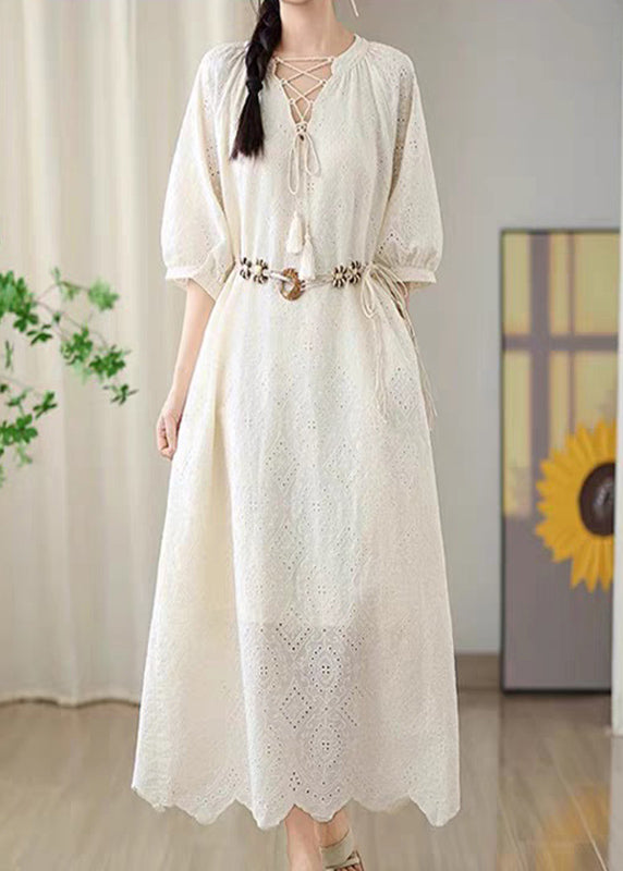 Women's Beige Eyelet Maxi Dress Short Sleeves - OutfitLondon