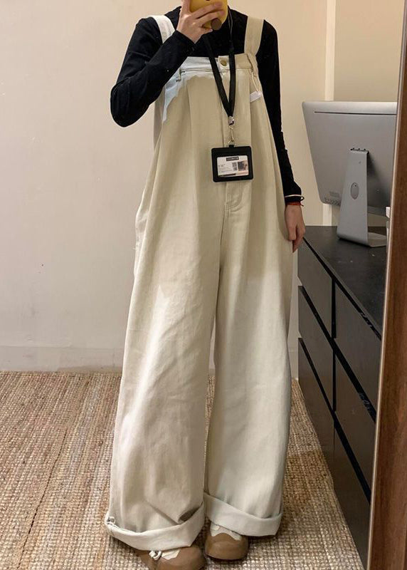 Women's Beige Denim Jumpsuit Wide Leg High Waist - OutfitLondon