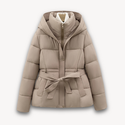 Ladies Warm Parka Coat with Hood and Waist Strap