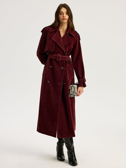 Classic Fitted Suede Trench Coat with Belt - OutfitLondon