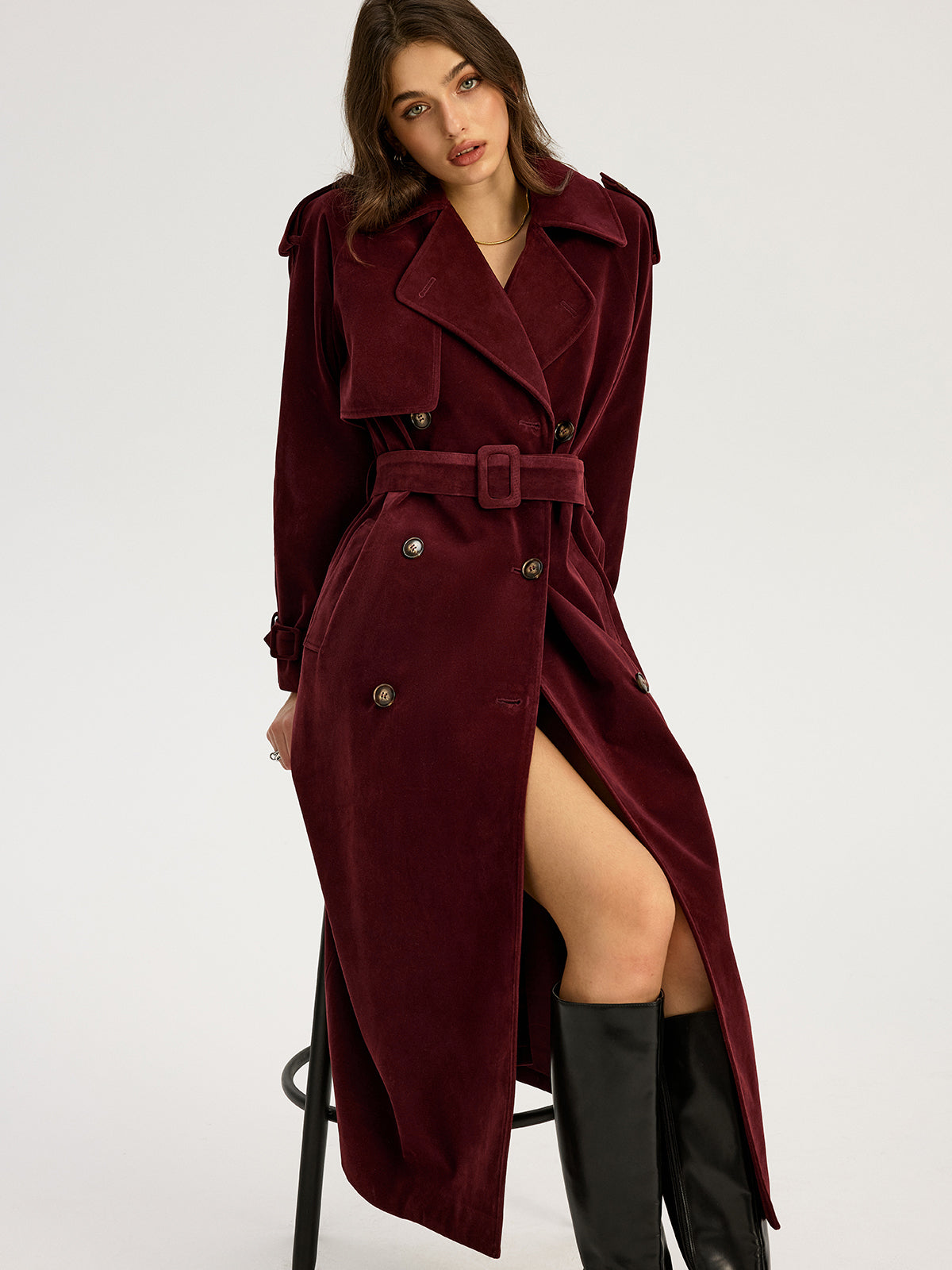 Classic Fitted Suede Trench Coat with Belt