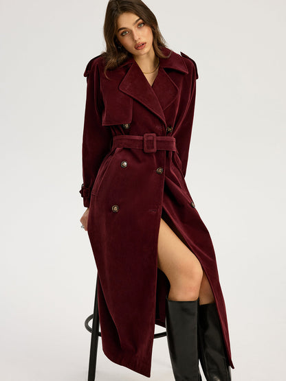 Classic Fitted Suede Trench Coat with Belt