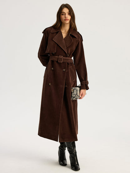 Classic Fitted Suede Trench Coat with Belt