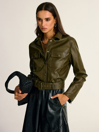 Faux Leather Belted Cargo Jacket Coat