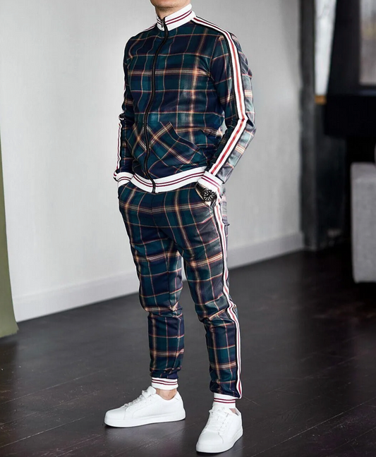 Men's Plaid Athletic Tracksuit with Colorblock Details - OutfitLondon