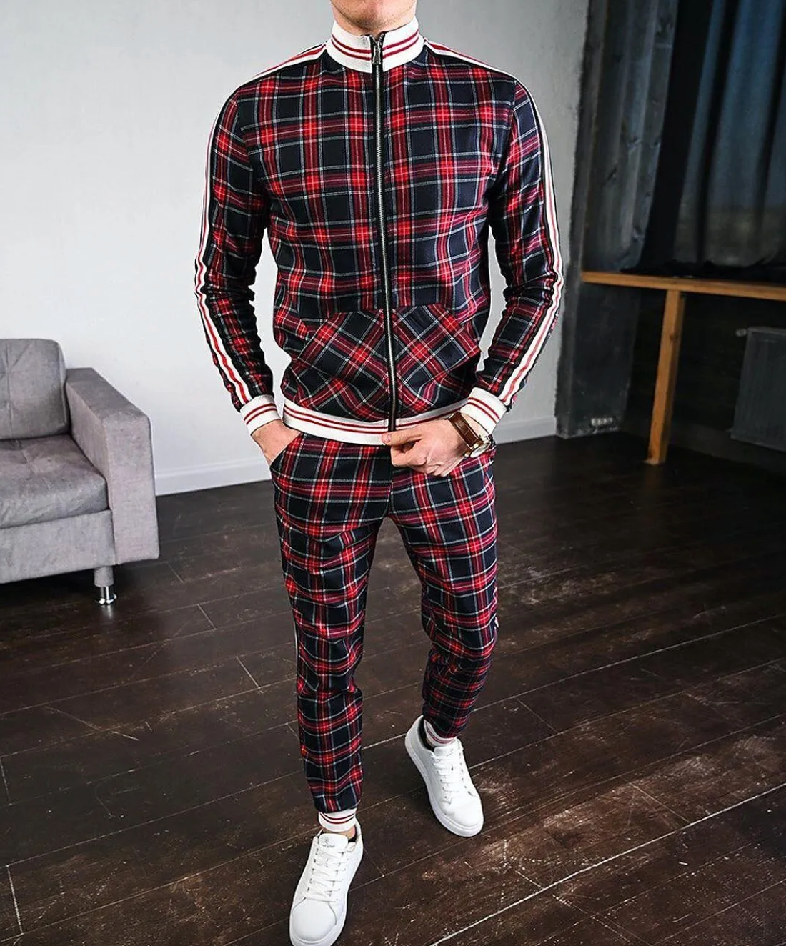 Men's Plaid Athletic Tracksuit with Colorblock Details