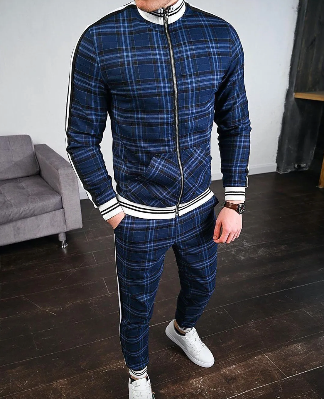 Men's Plaid Athletic Tracksuit with Colorblock Details